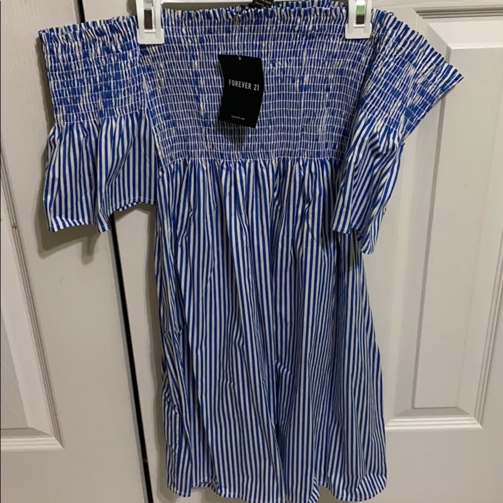 Off the shoulder blue striped dress